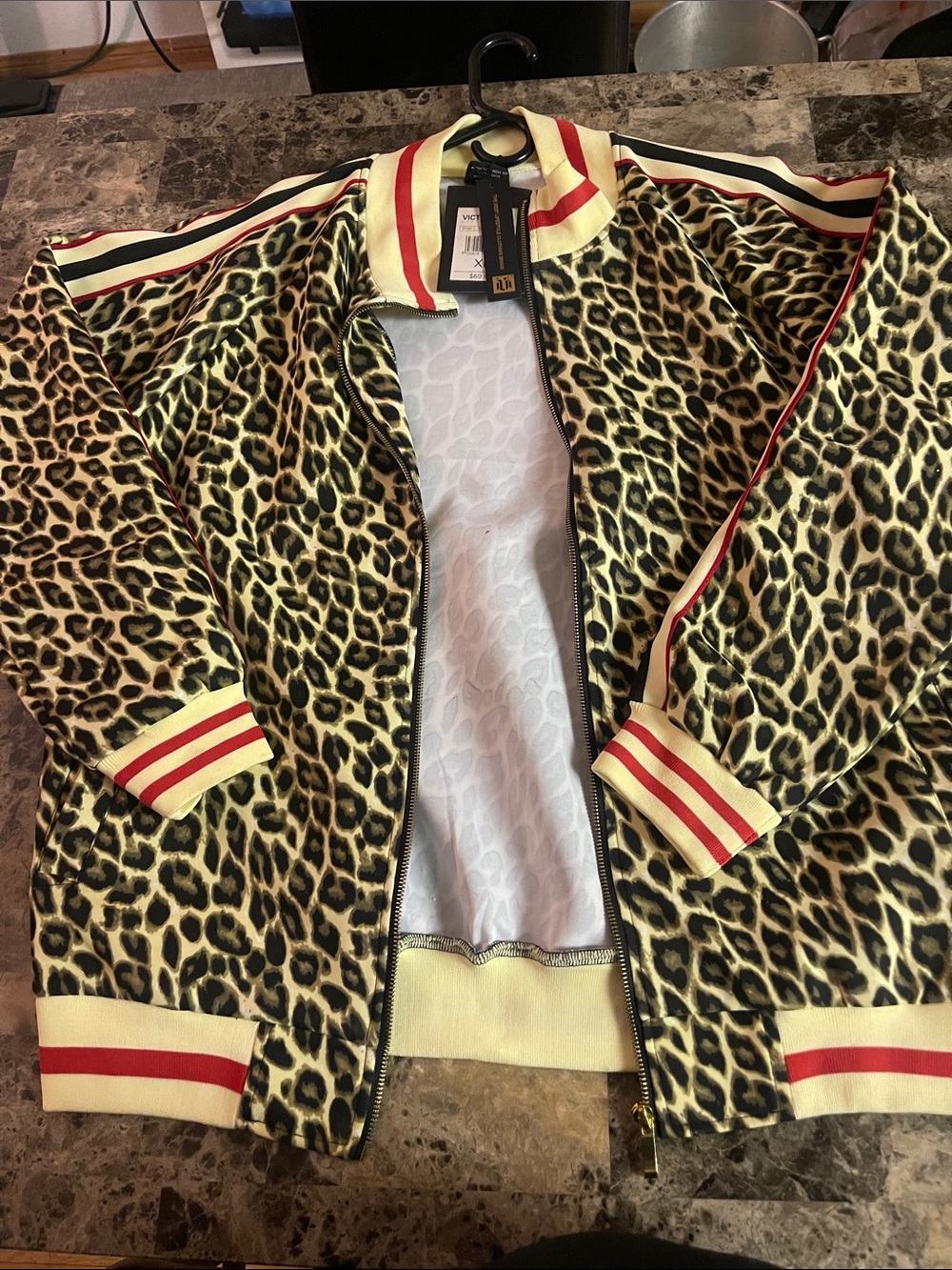 Leopard Print Bomber Jacket with Red-Trimmed Ribbing